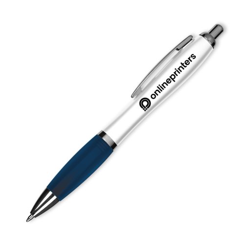 Donkerblauwe balpen met clip en drukknop.