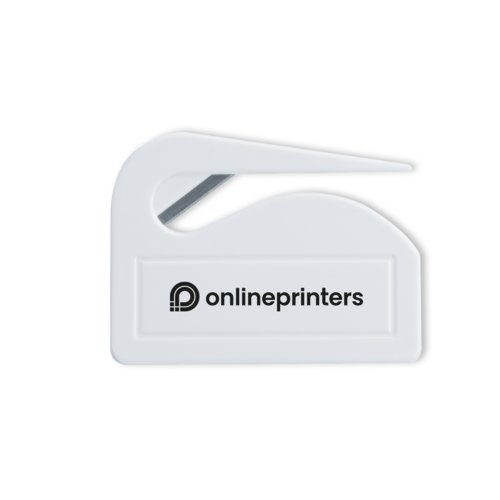 Witte plastic briefopener met gentegreerd metalen mes.