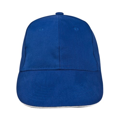Blauwe 6-panel katoenen baseballpet met verstelbare band.