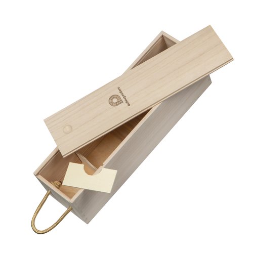 Beige houten wijnkist met deksel en touwgrepen.