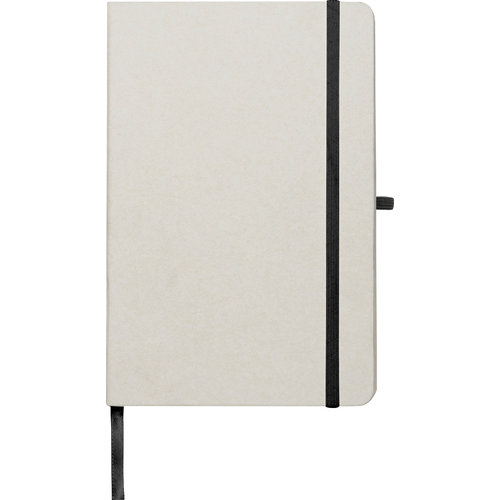 Beige notitieboek van gerecycled melkkarton met elastische band.