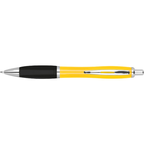 Gele ABS-balpen met clip en drukmechanisme.
