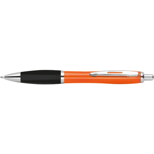 Oranje ABS-balpen met clip en drukmechanisme.