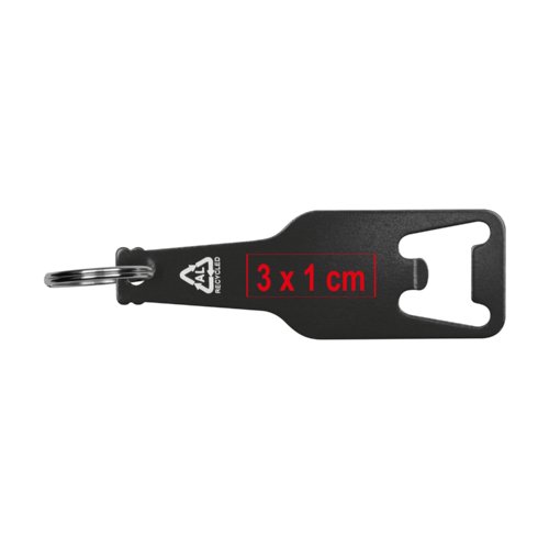 Zwarte gerecyclede aluminium flessenopener met sleutelring.