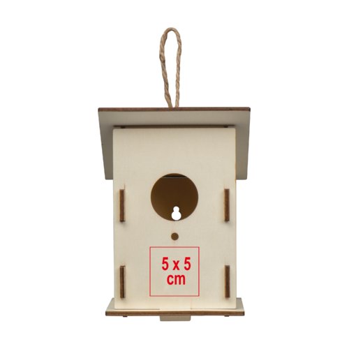 Houten vogelhuisje met ophanging.