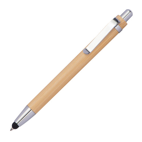 Beige houten balpen met clip en drukmechanisme.