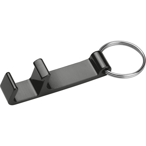 Zwarte metalen sleutelhanger met flesopener en sleutelring.