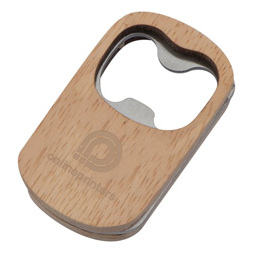 Houten flessenopener met metalen inzetstuk.