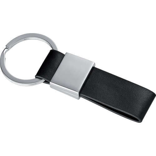 Zwarte lederen sleutelhanger met metalen ring.