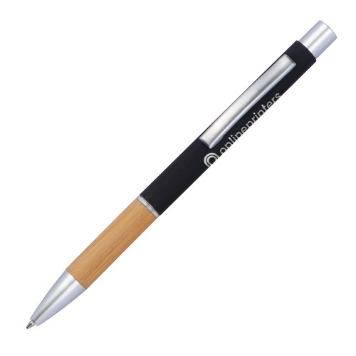 Zwarte aluminium balpen met metalen elementen en clip.