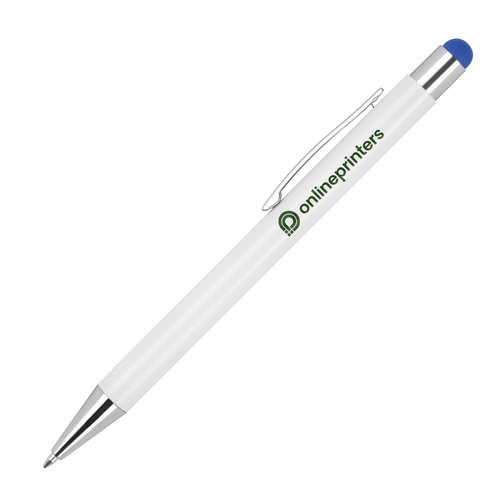 Blauwe metalen balpen met touchpenfunctie en clip.
