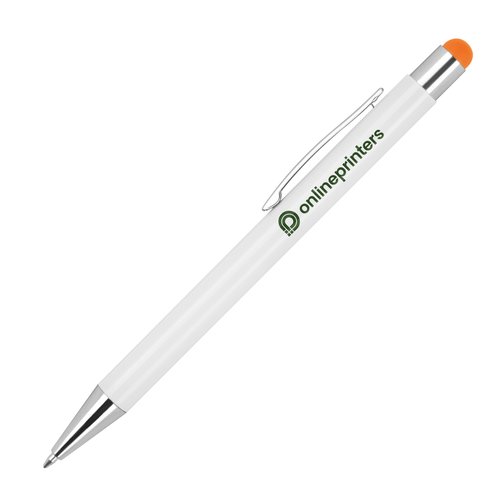 Oranje balpen met touchpen en clip.