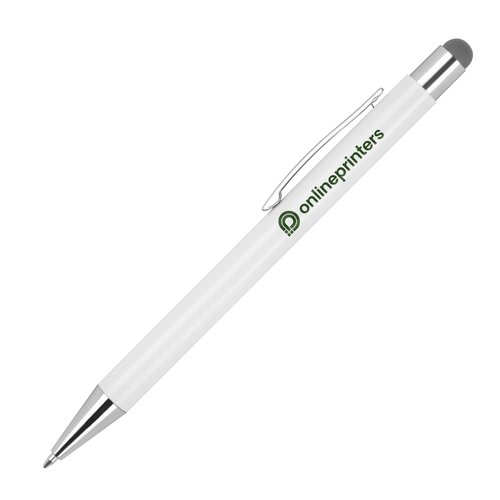 Antracietkleurige metalen balpen met stylusfunctie en clip.