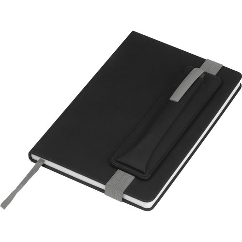 Grijs notitieboek met pennenlus en elastische band.