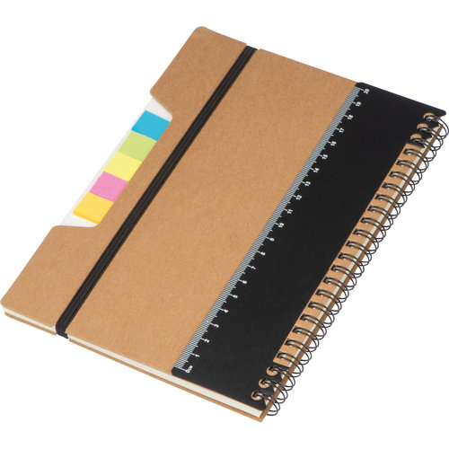 Bruin notitieboek met elastiek en spiraalbinding.