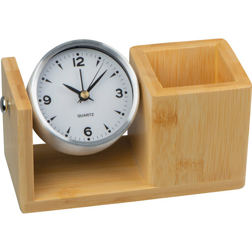 Beige bamboe pennenhouder met gentegreerde klok.