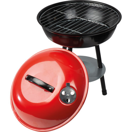 Rode houtskoolgrill met deksel en poten.
