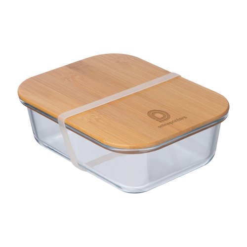 Transparante glazen lunchbox met bamboe deksel en elastiek.