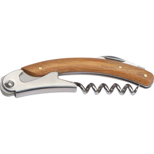 Beige houten kelnersmes met flesopener en kurkentrekker.