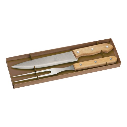 Beige roestvrijstalen vleesvork met handvat.