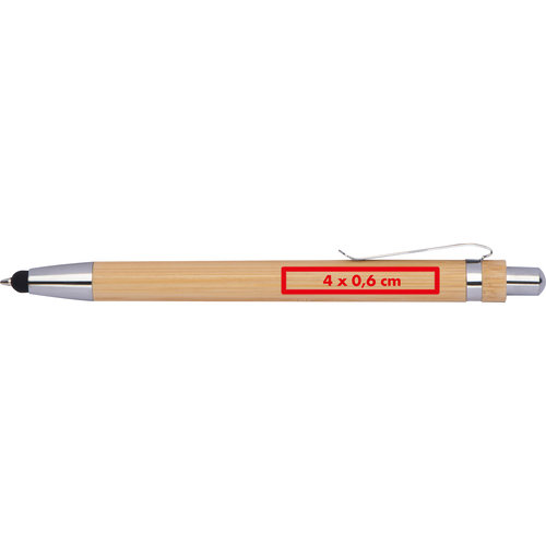 Houtkleurige balpen met metalen elementen en touchpen-functie.