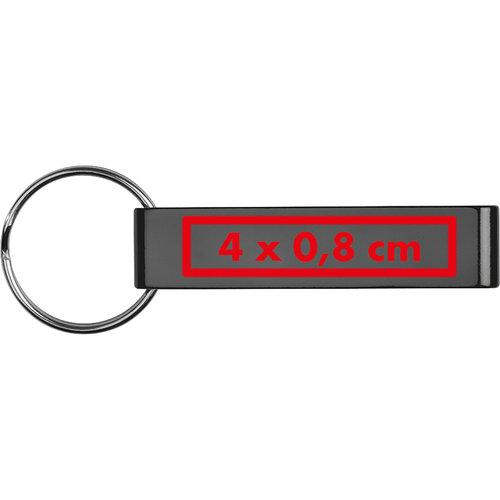 Donkergrijze plastic sleutelhanger met metalen ring.