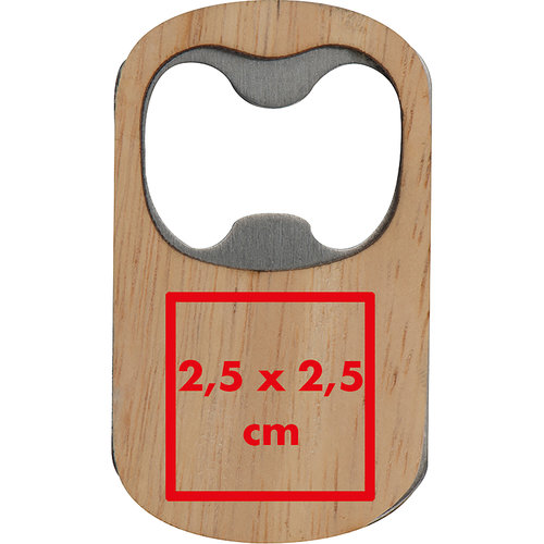 Houten flesopener met metalen inzetstuk.