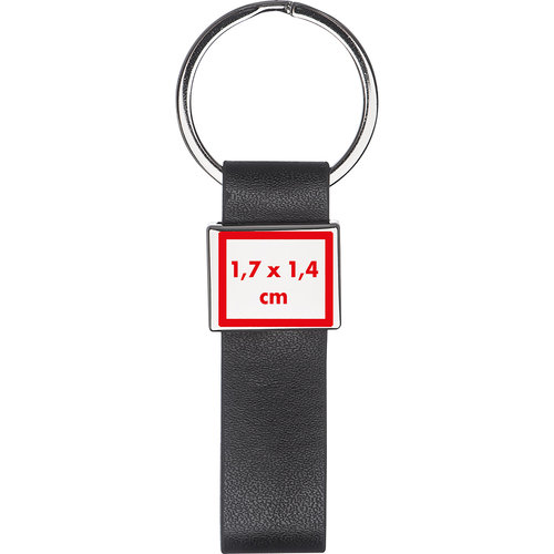 Zwarte lederen sleutelhanger met metalen ring.