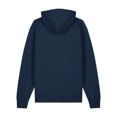 Marineblauwe hoodie van biologisch katoen met capuchon.