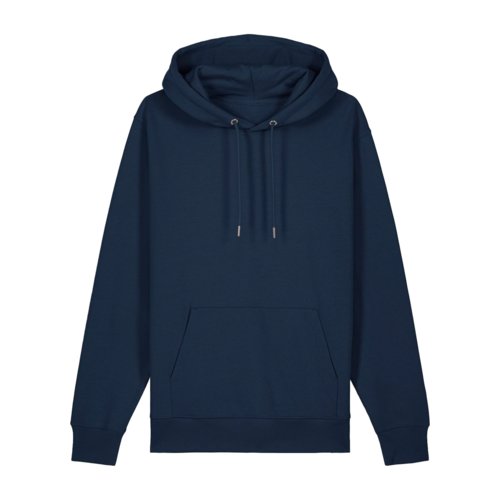 Marineblauwe katoenen hoodie met capuchon en kangoeroezak.