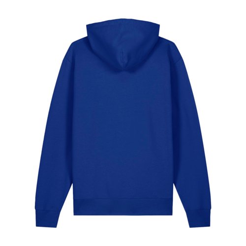 Donkerblauwe katoenen hoodie met capuchon en kangoeroezak.