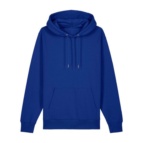 Donkerblauwe katoenen hoodie met capuchon en kangoeroezak.