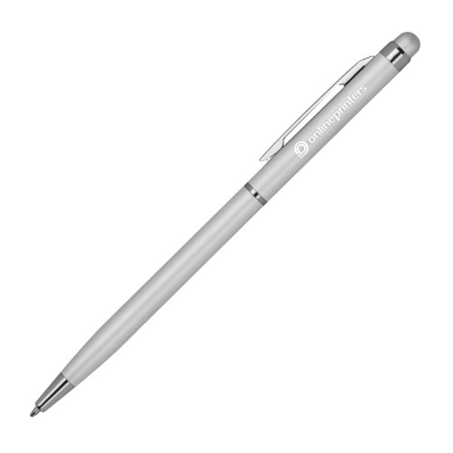 Zilverkleurige metalen balpen met touchpen en clip.