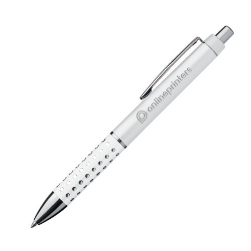 Witte plastic balpen met clip en drukknop.