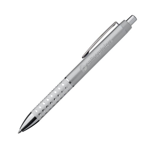 Grijze metalen balpen met clip en drukknop.
