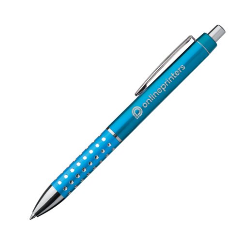 Turquoise metalen balpen met clip en drukknop.