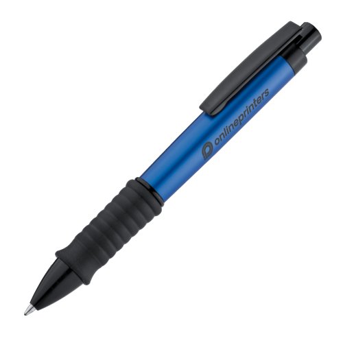 Blauwe plastic balpen met clip en rubberen grip.