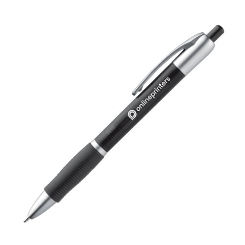 Zwarte plastic balpen met metalen details en clip.