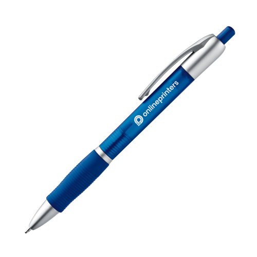 Blauwe balpen met clip en drukmechanisme.