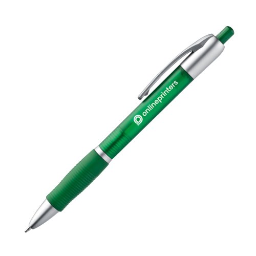 Groene plastic balpen met clip en drukknop.