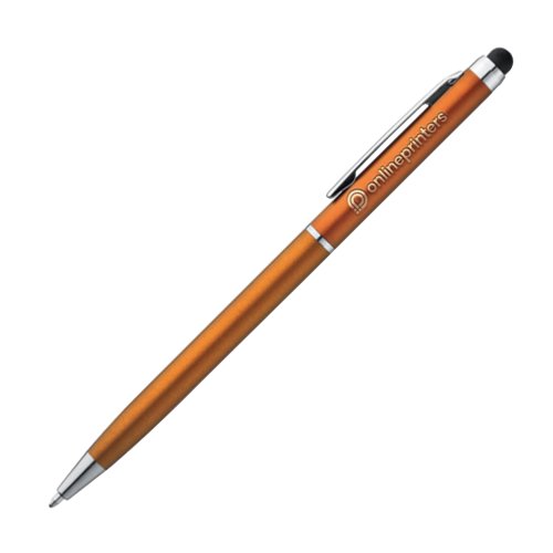 Oranje metalen balpen met touchfunctie en clip.