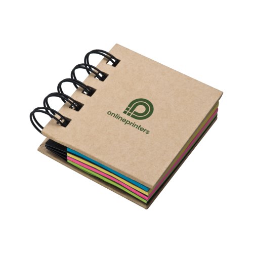 Notitieboekje met gekleurde notitieblaadjes en spiraalbinding.