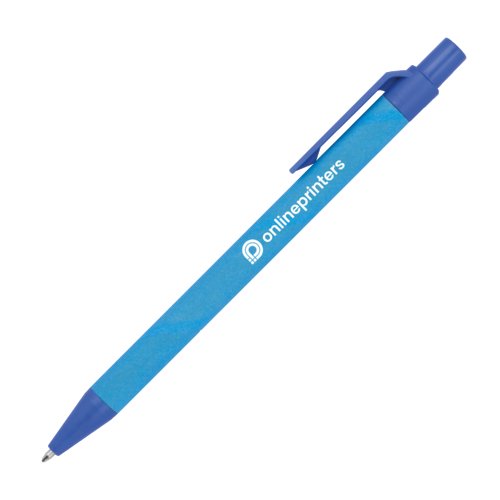 Blauwe papieren balpen met clip en drukmechanisme.
