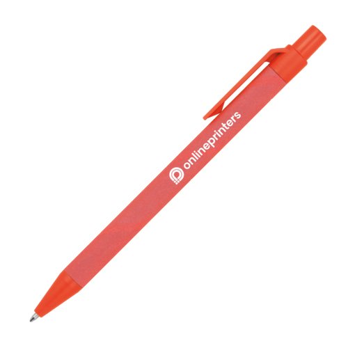 Rode papieren balpen met clip en drukmechanisme.