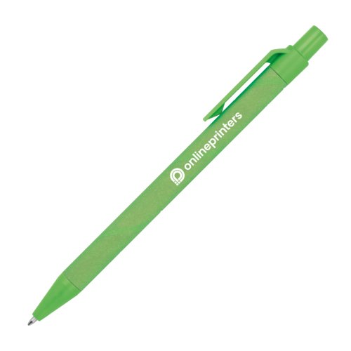 Groene papieren balpen met clip en drukmechanisme.