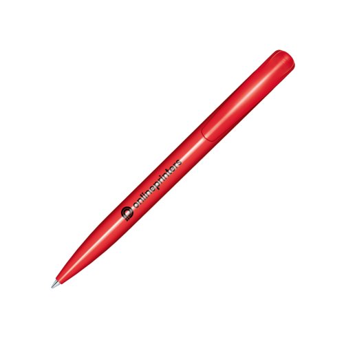 Rode plastic balpen met gepolijste afwerking en drukmechanisme.