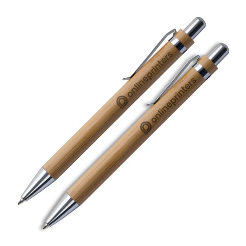 Lichte houten schrijfgerei set met balpen en etui.