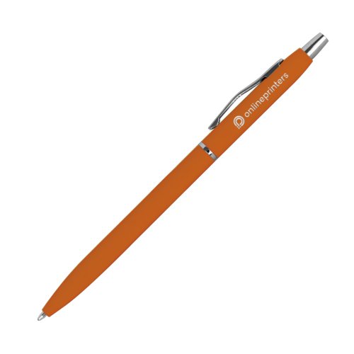 Oranje metalen balpen met clip en drukmechanisme.