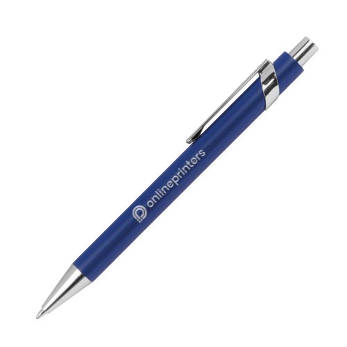 Blauwe metalen balpen met patroon, clip en drukmechanisme.