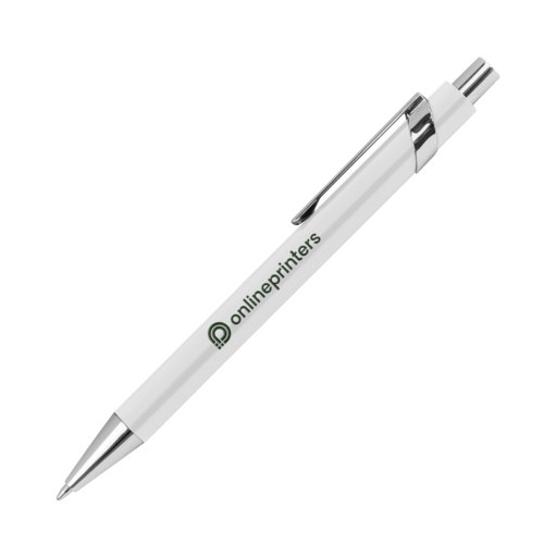 Witte metalen balpen met patroon, clip en drukmechanisme.